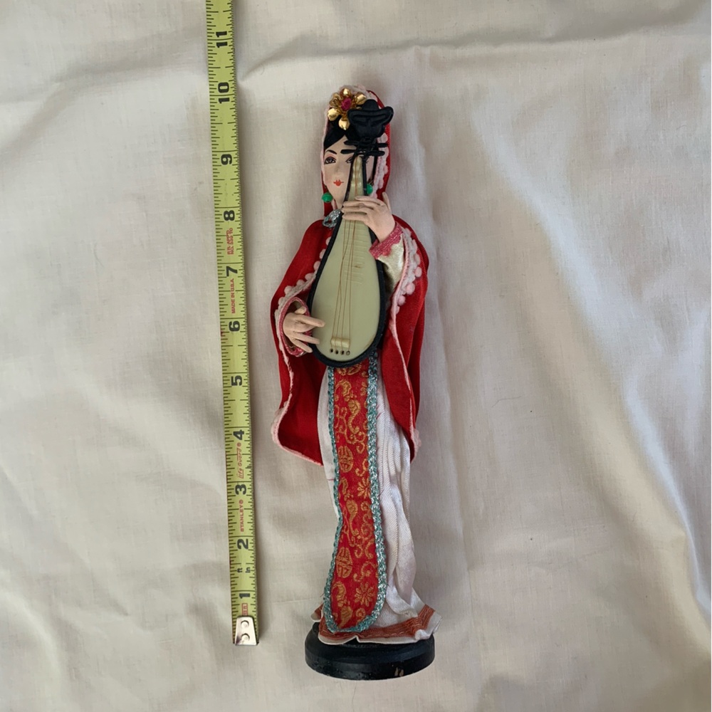 Vintage Oriental Chinese Doll Holding 3 string Lute Wood base 9.5" - Picture 1 of 3